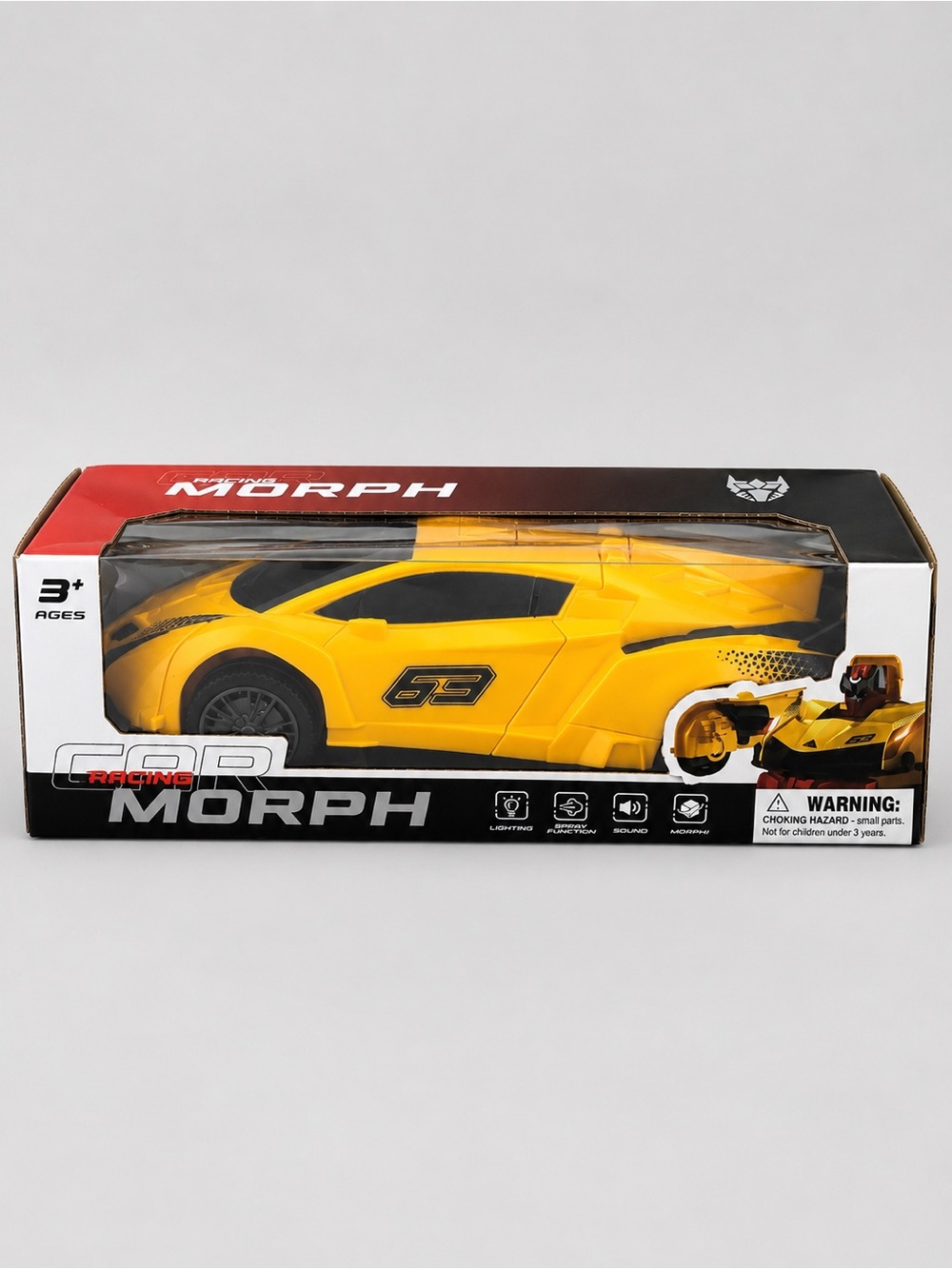 Yellow Transforming Racing Car Toy – Morph Robot Vehicle with Lights, Sound